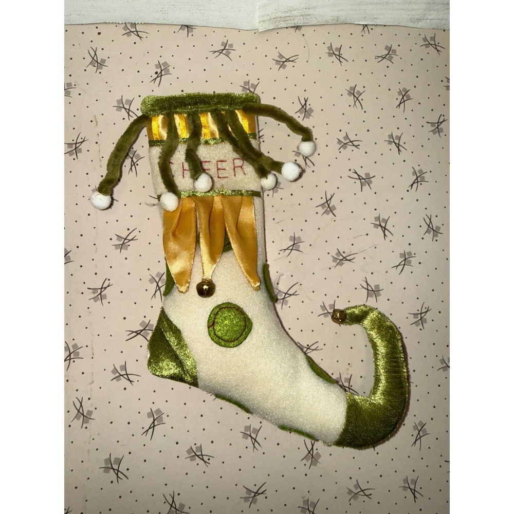 Patience Brewster Krinkles Cheer Christmas Stocking Elf‎ Boot Green Gold Cream